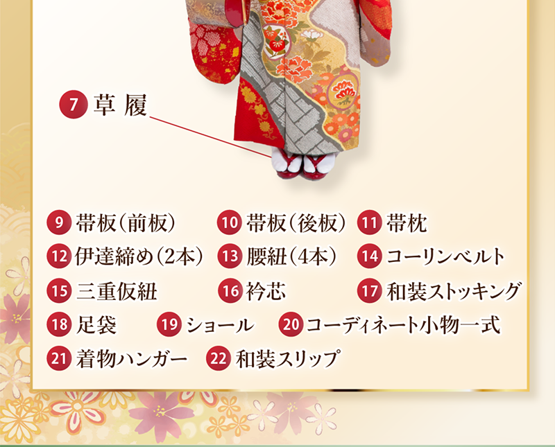 振袖、長襦袢、袋帯、帯締め、帯揚げ、重ね衿、草履、バッグなど